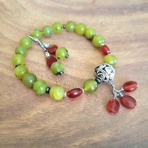 Jewelry Set with Beaded Jade & Carnelian Earrings and Bracelet, Beaded Bracelet